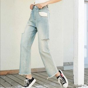 Brand New With Tag Distressed Jeans w/ thigh-high side slit in Light Steel Blue